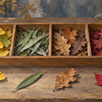 Different fallen leaves are sorted so one of each kind can be counted