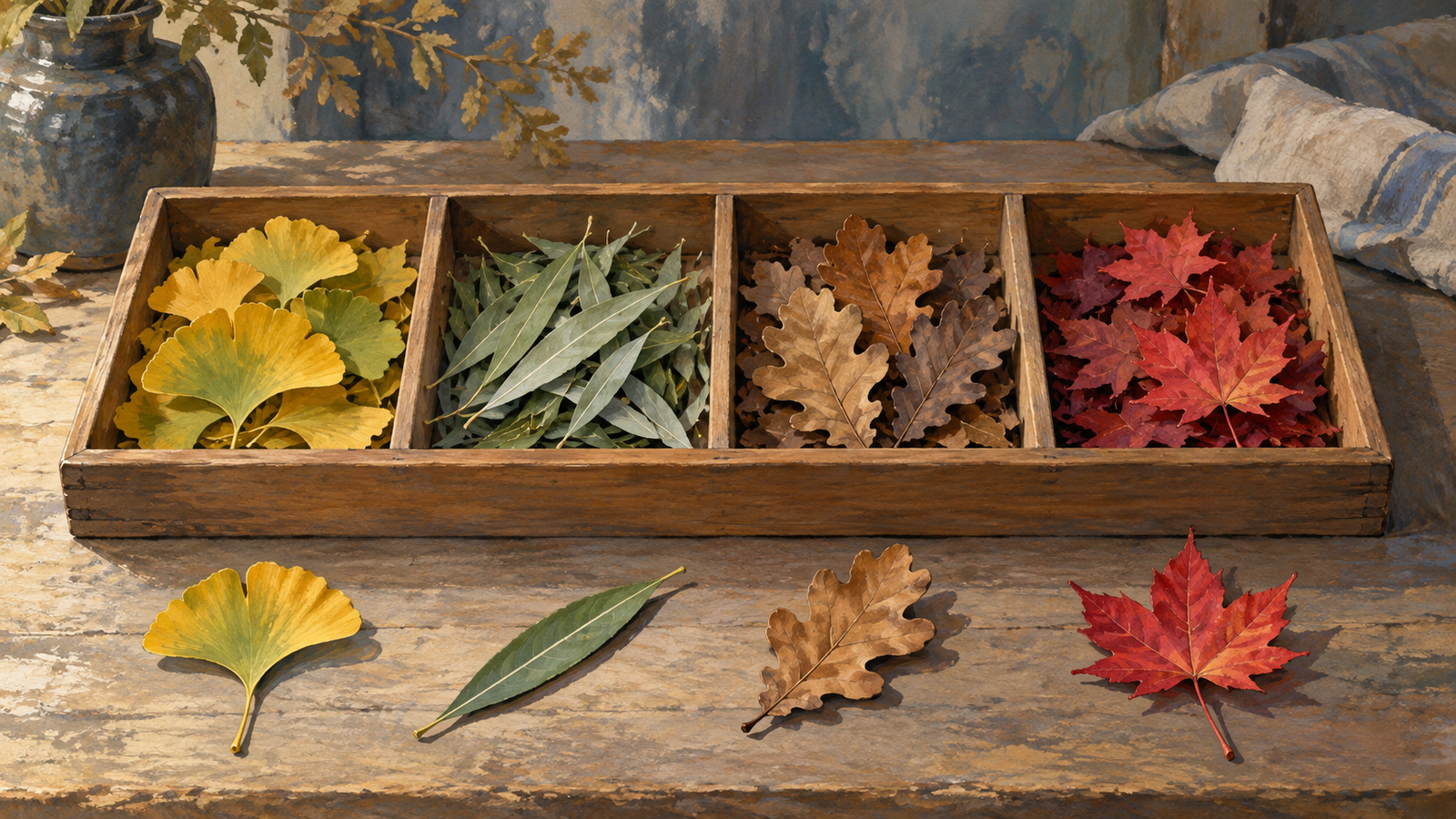 Different fallen leaves are sorted so one of each kind can be counted