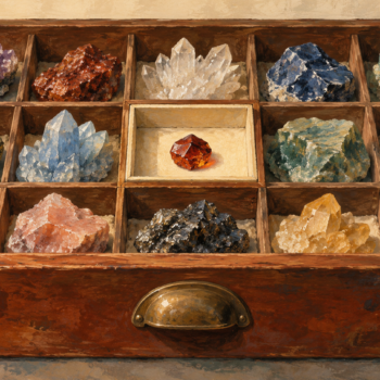 A mineral specimen drawer with one sample set aside for individual inspection