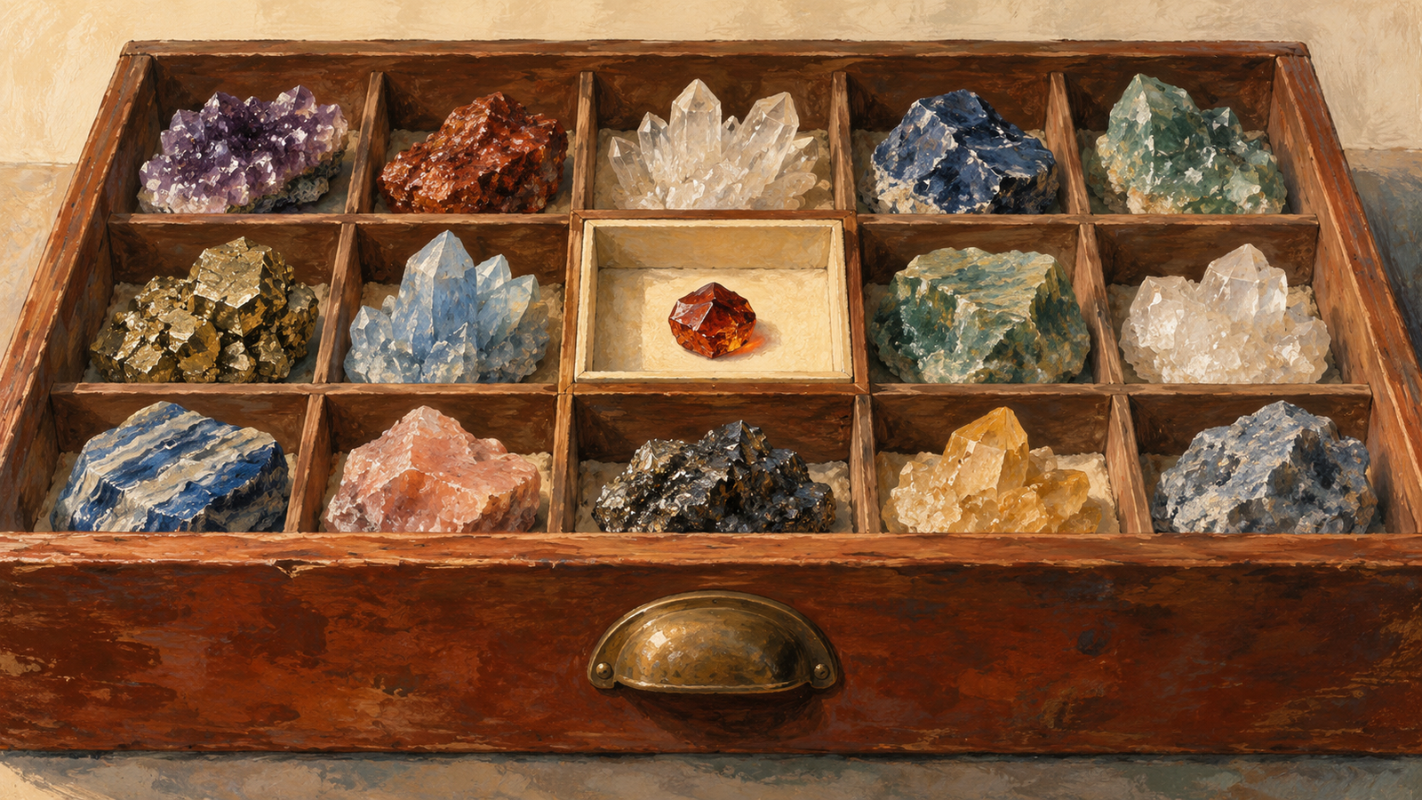 A mineral specimen drawer with one sample set aside for individual inspection