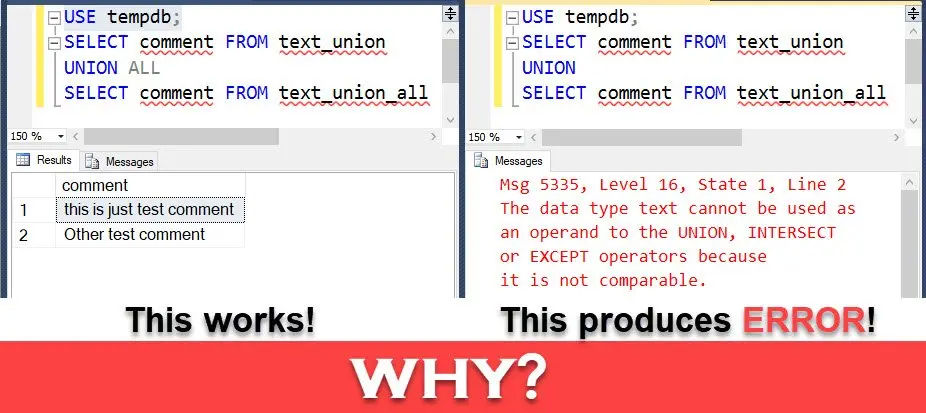 SQL Server UNION vs UNION ALL Error.