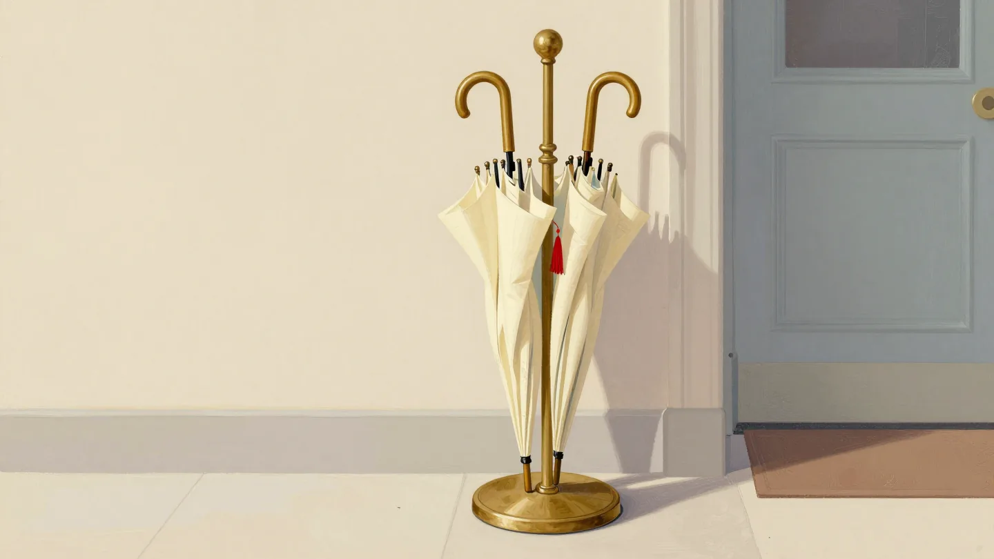 A brass umbrella stand of identical cream umbrellas, one marked only by a small red tassel.