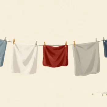 A long clothesline of washing, fresh sheets at one end and dry ones taken down at the other.