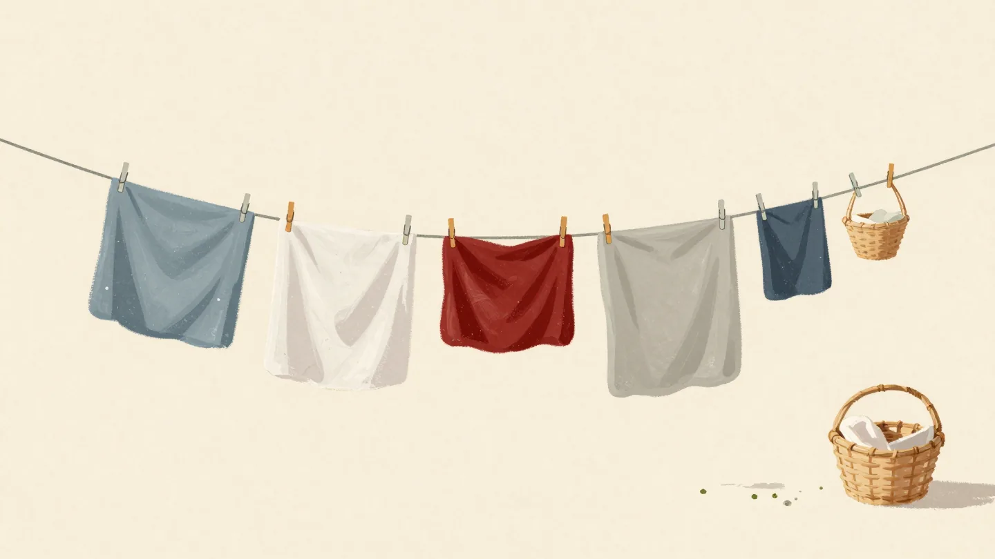 A long clothesline of washing, fresh sheets at one end and dry ones taken down at the other.