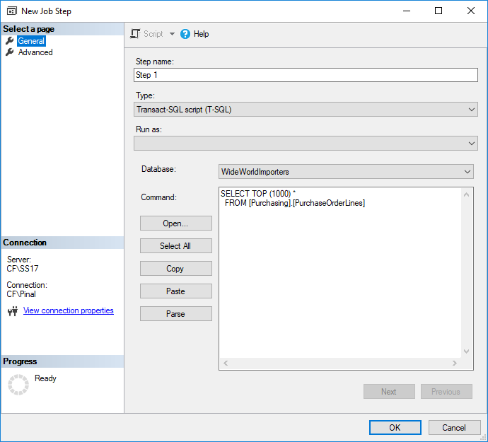 Historical New Job Step page showing type, database and command