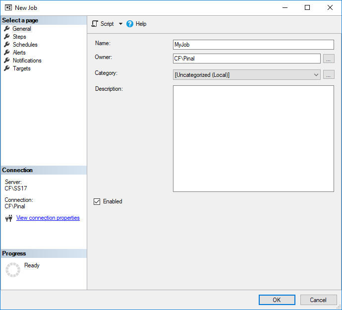 Historical New Job General page with name and owner fields