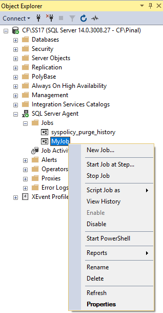 Historical SSMS menu with Start Job at Step action