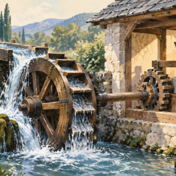 A waterwheel drives a mill through a repeating mechanical cycle