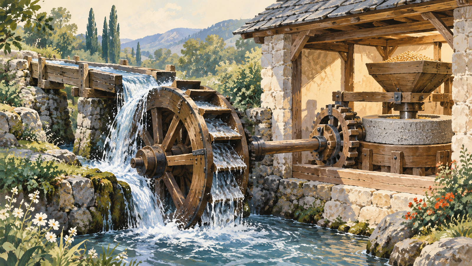 A waterwheel drives a mill through a repeating mechanical cycle