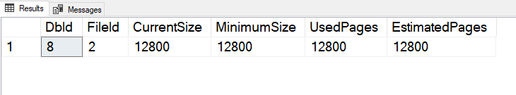 Original SQL Server DBCC SHRINKFILE result showing 12800 pages after the demonstration