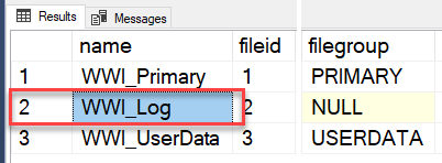 Original SQL Server sp_helpfile result identifying the WWI_Log logical log file