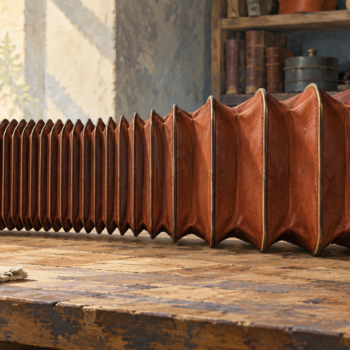 A leather bellows changes from many tight folds to a few broad folds