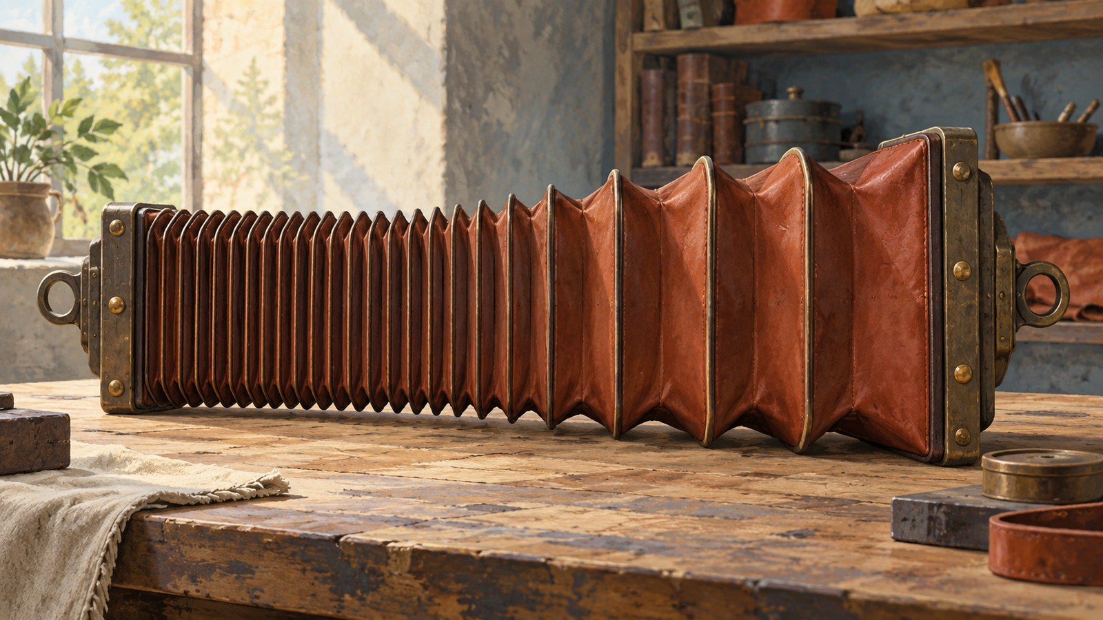 A leather bellows changes from many tight folds to a few broad folds