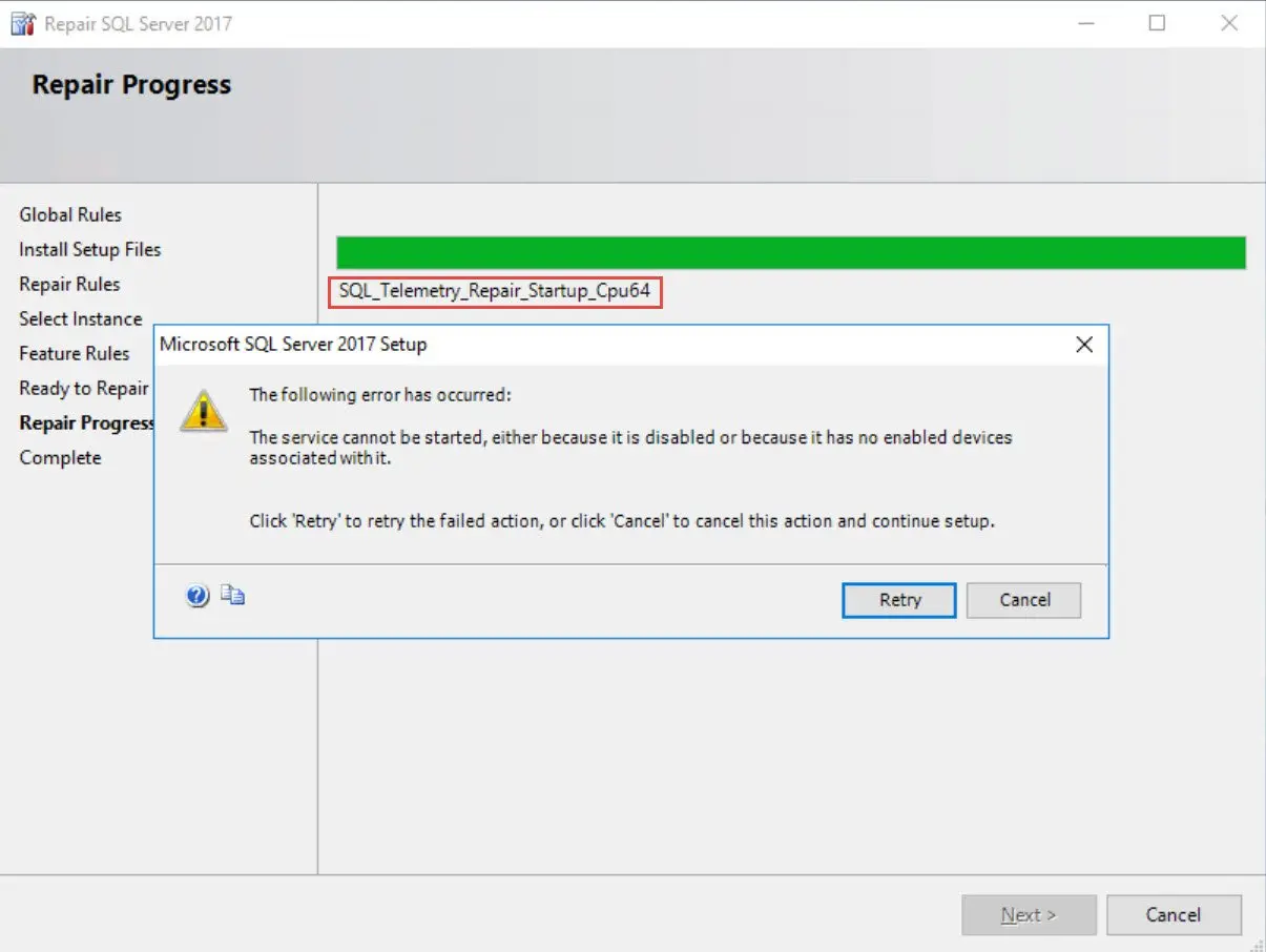 SQL SERVER - Unable to Repair - SQL_Telemetry_Repair_Startup_Cpu64 gives error - The Service Cannot Be Started