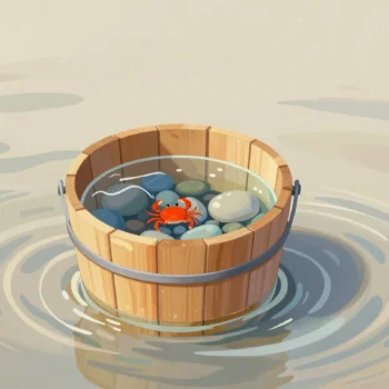A glass-bottomed viewing bucket in a shallow sea, showing clear stones and a red crab beneath