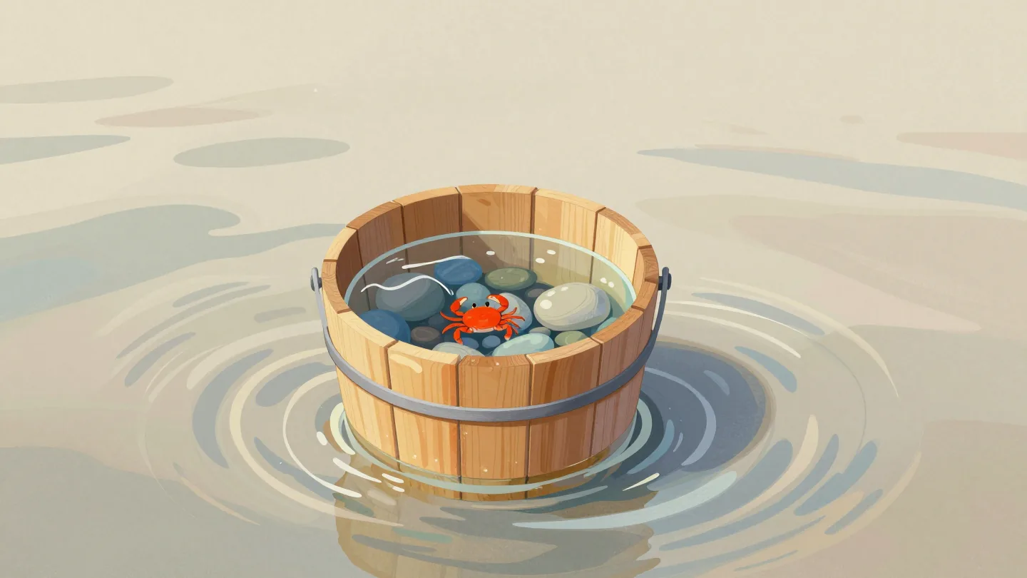 A glass-bottomed viewing bucket in a shallow sea, showing clear stones and a red crab beneath