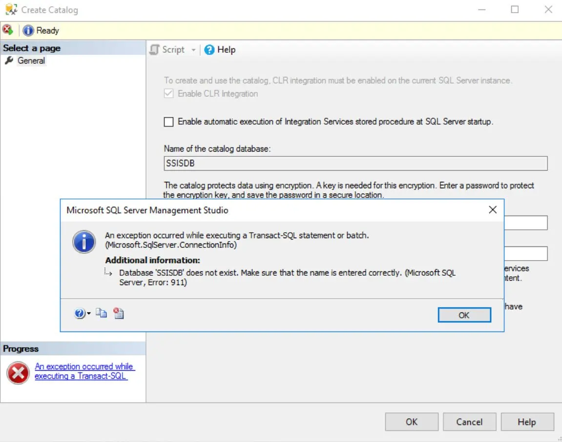 SQL SERVER - Create Catalog Error 911: Database 'SSISDB' Does Not Exist. Make Sure That he name is entered correctly