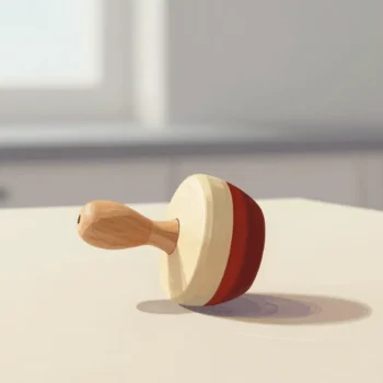 A round-bottomed wooden wobble toy with a red base rocking back upright on a table.