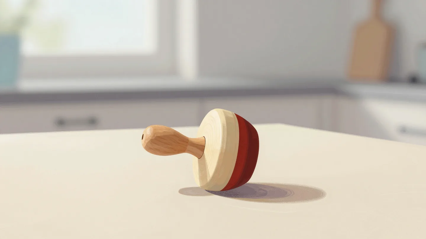 A round-bottomed wooden wobble toy with a red base rocking back upright on a table.