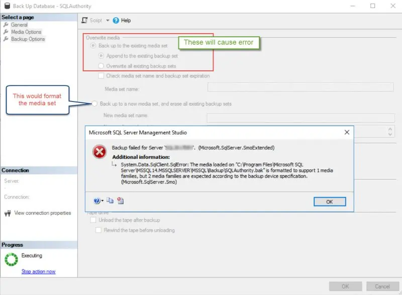 Error dialog in sql authority.