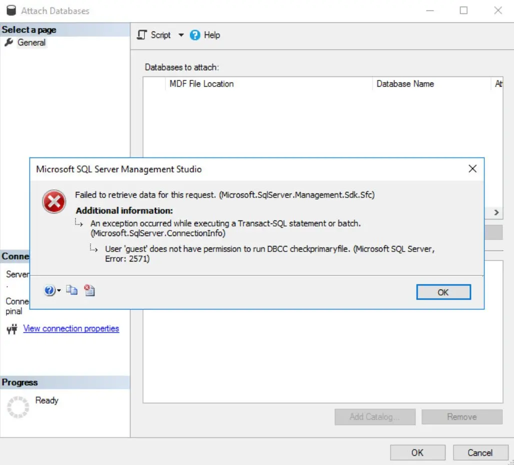 Failed to retrieve data error.