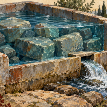 A stone basin drains free water while occupied space remains
