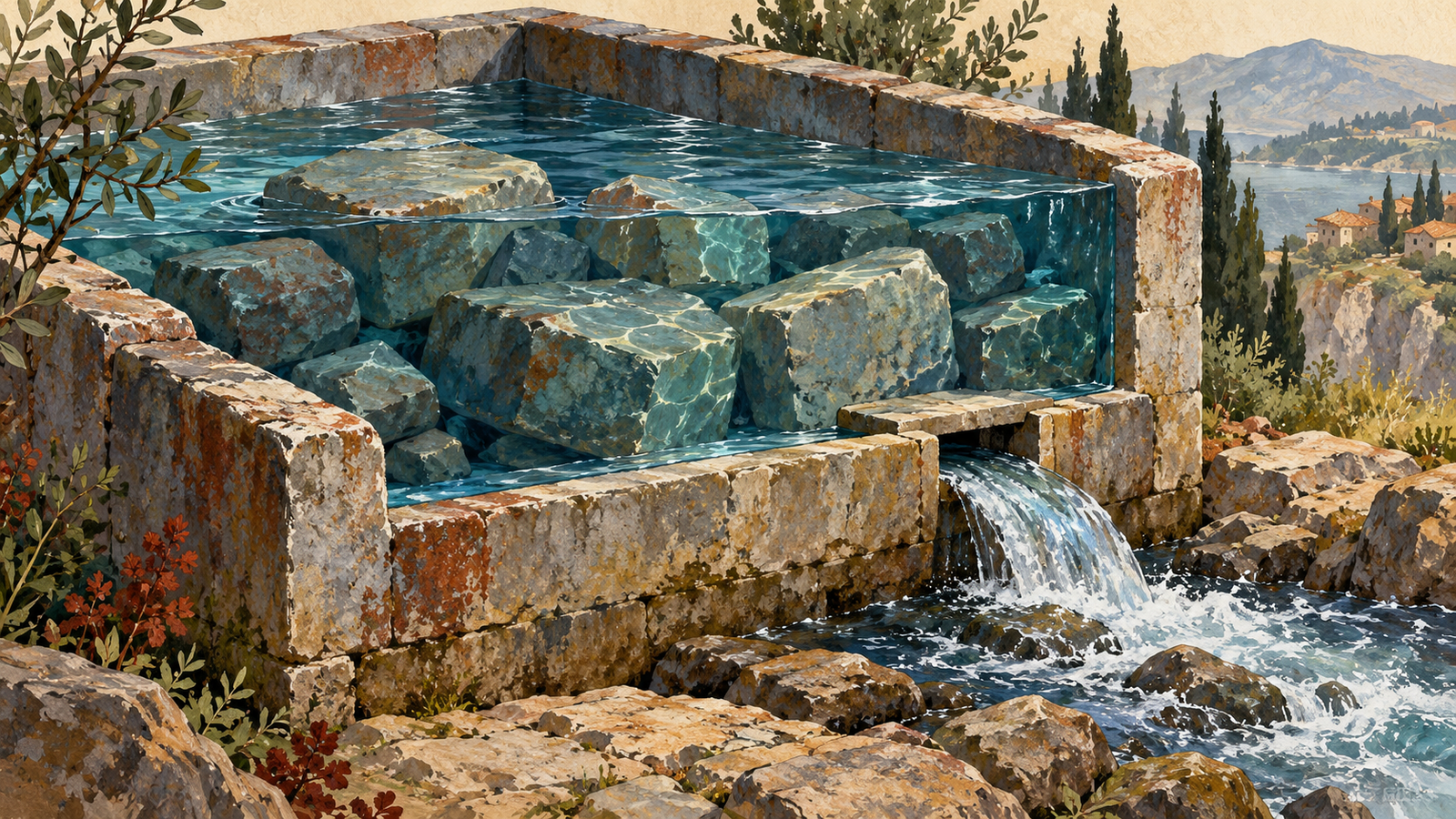 A stone basin drains free water while occupied space remains