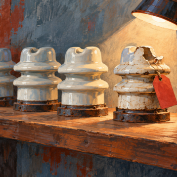 One aging porcelain insulator in a working collection is illuminated and tagged for review