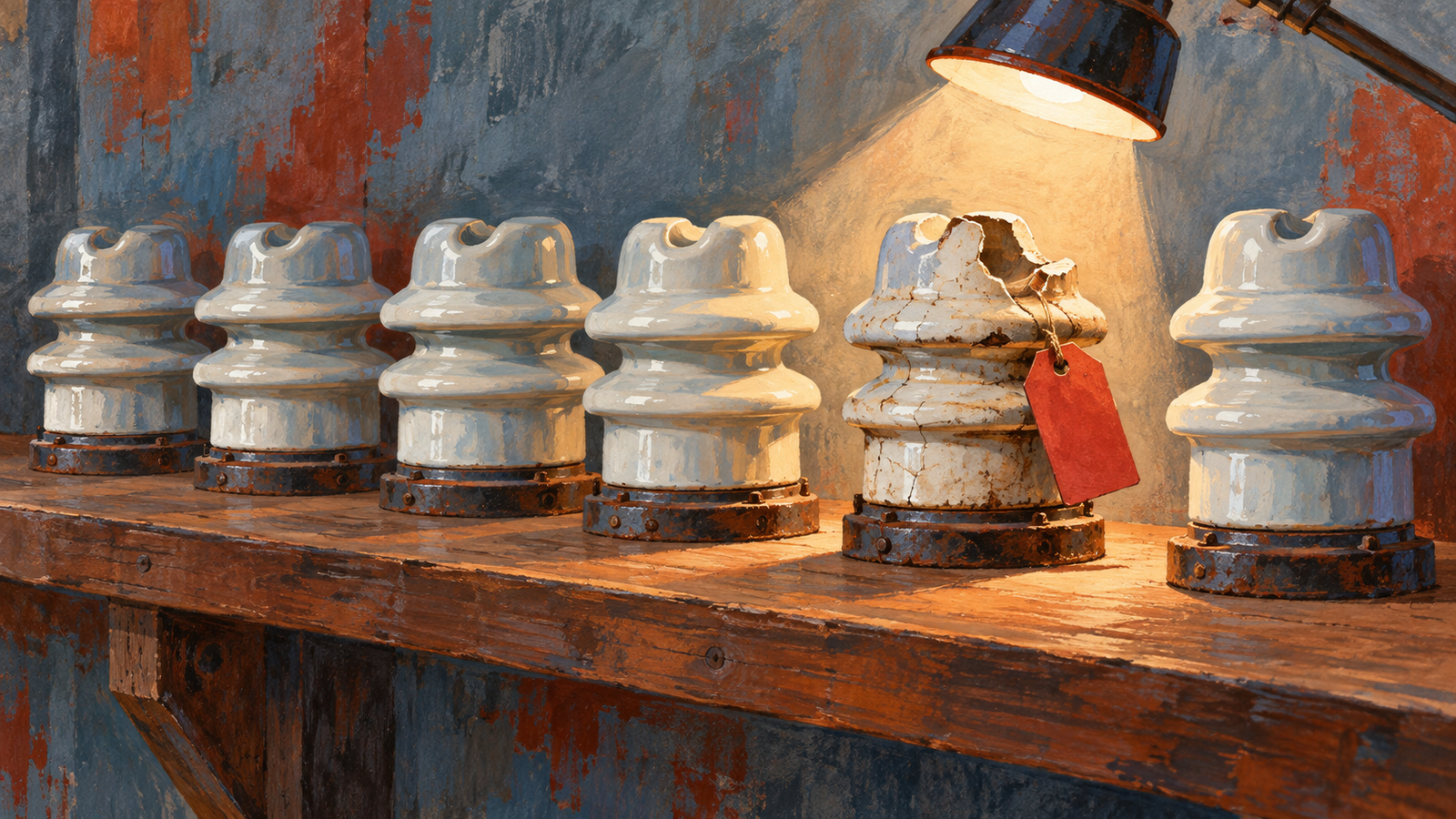 One aging porcelain insulator in a working collection is illuminated and tagged for review