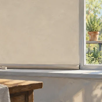 A roller blind at the end of its travel while daylight continues through the window