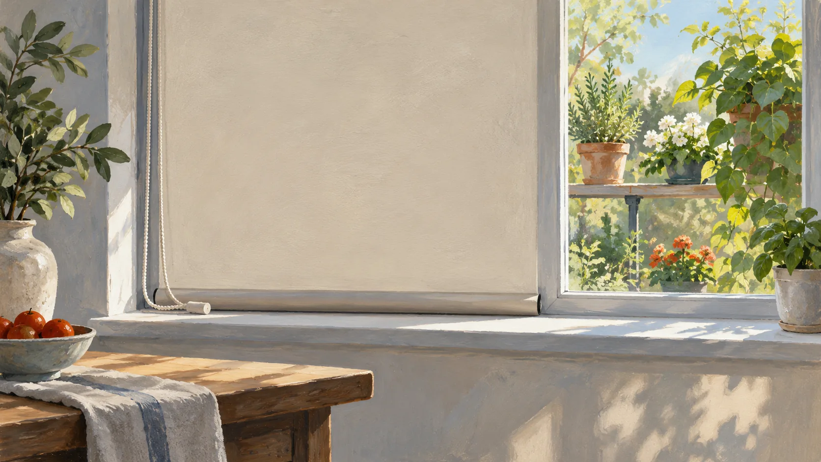 A roller blind at the end of its travel while daylight continues through the window