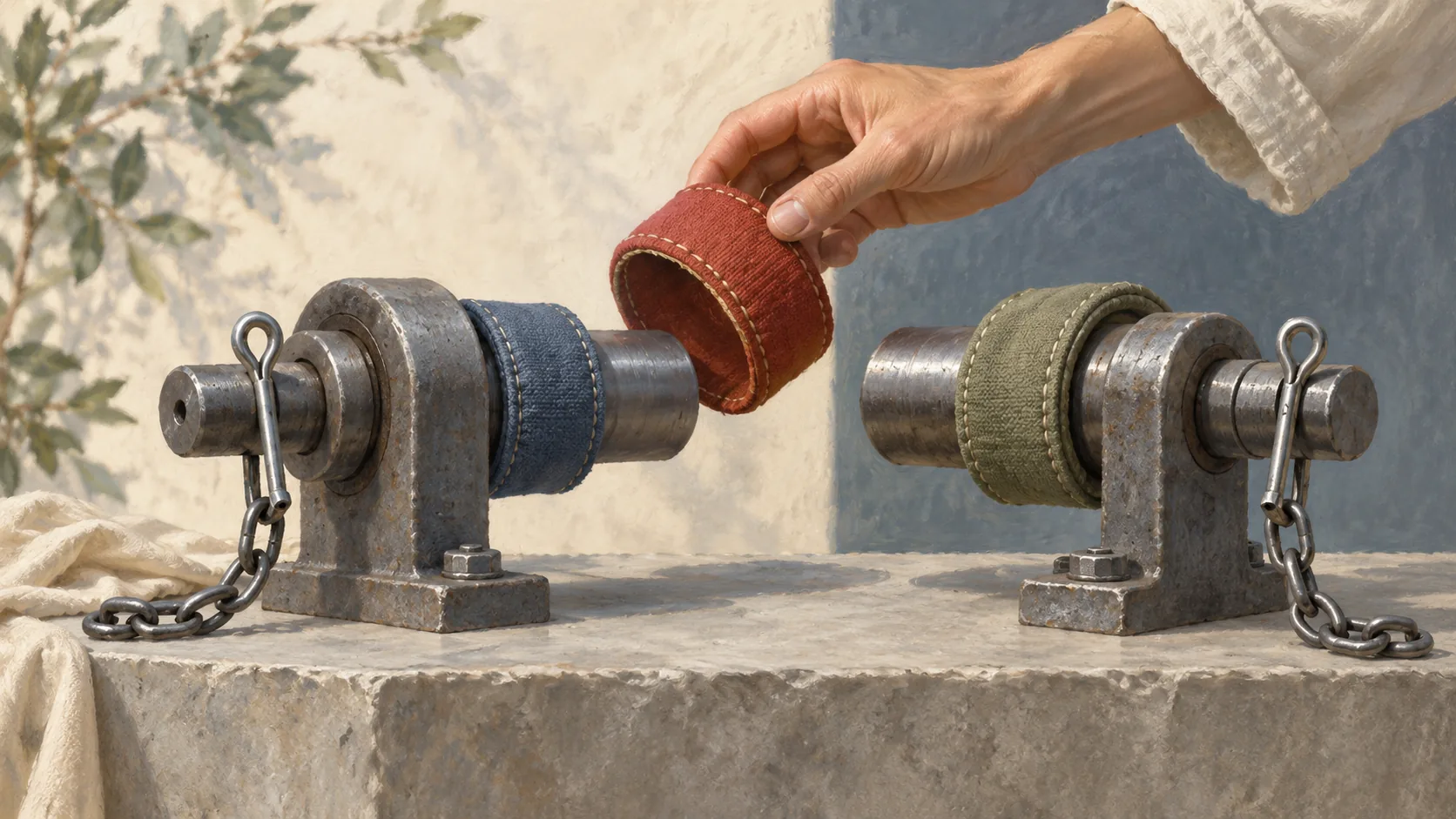 Colored axle collars being exchanged while cotter pins and chains stay attached