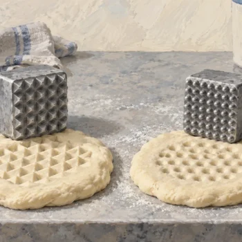 Two differently textured tenderizer faces making distinct impressions in plain dough