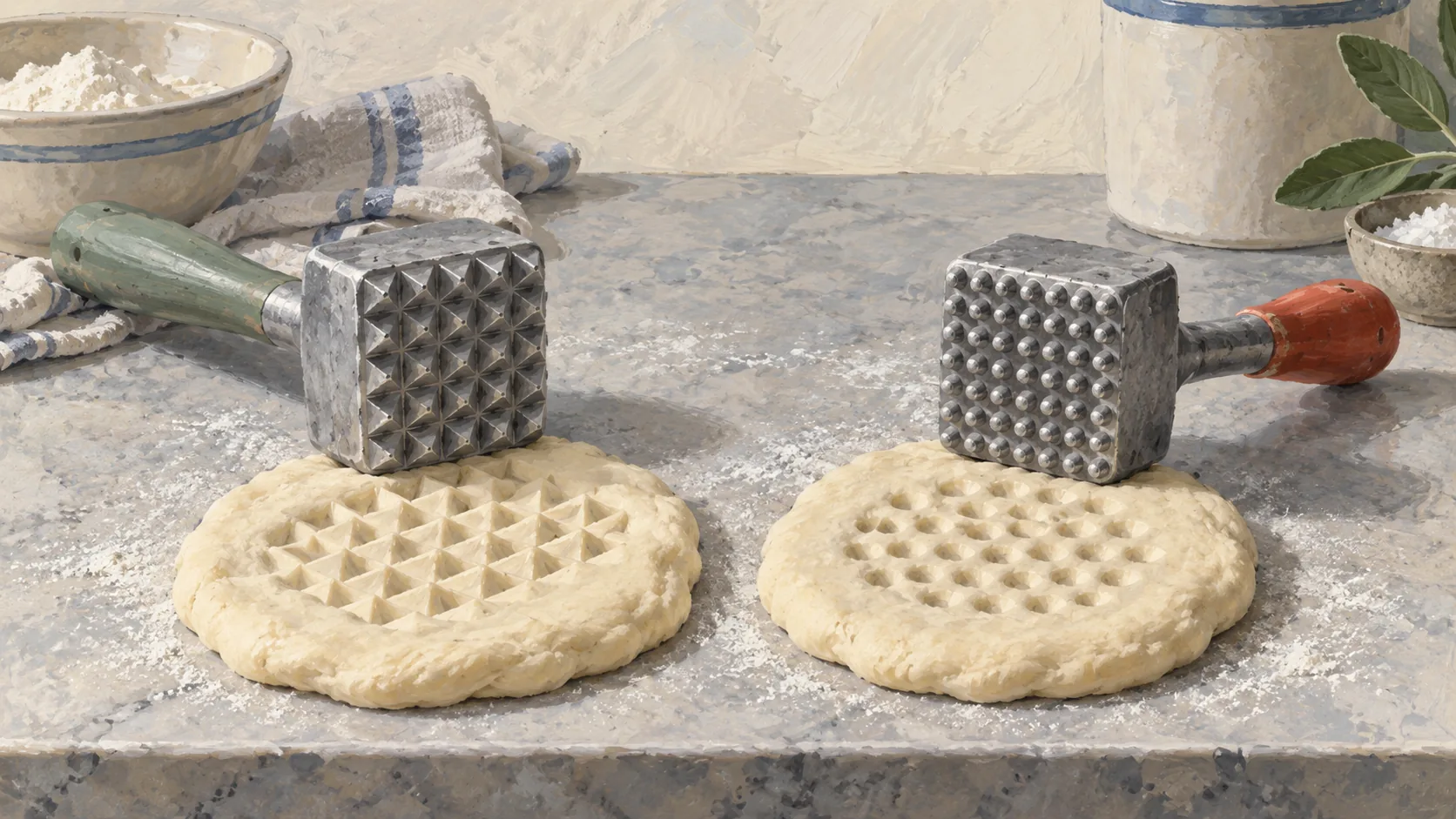 Two differently textured tenderizer faces making distinct impressions in plain dough