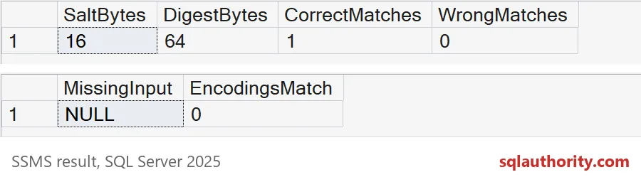Hash results showing salt and digest sizes, match flags, NULL input and different encodings
