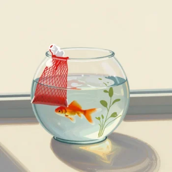 A new goldfish in a bag floating in a fishbowl to settle before release, a red net on the rim