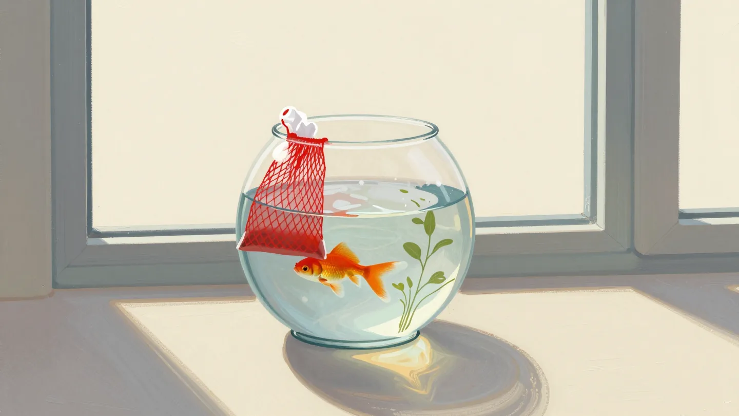 A new goldfish in a bag floating in a fishbowl to settle before release, a red net on the rim