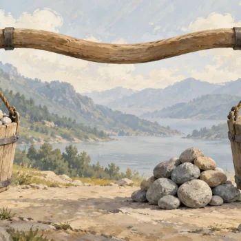 A shoulder yoke carrying one bucket of stones while a second load waits beside it