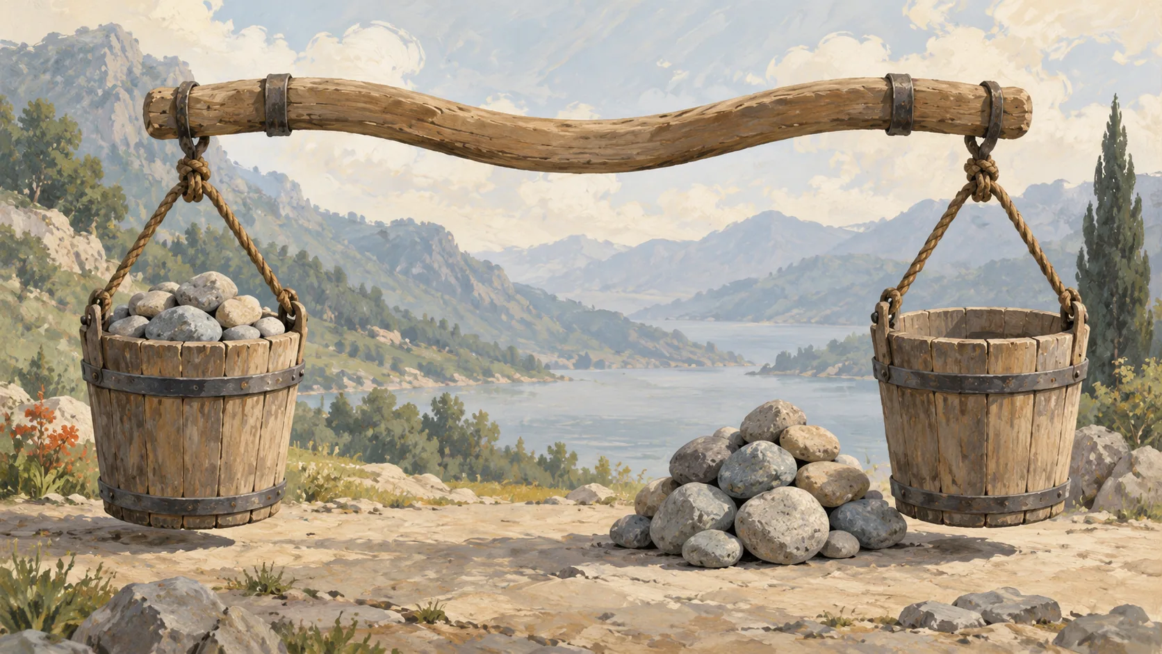 A shoulder yoke carrying one bucket of stones while a second load waits beside it