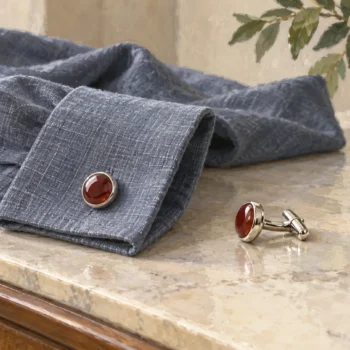 A fastened linen cuff beside a loose matching cufflink with its hinged bar open