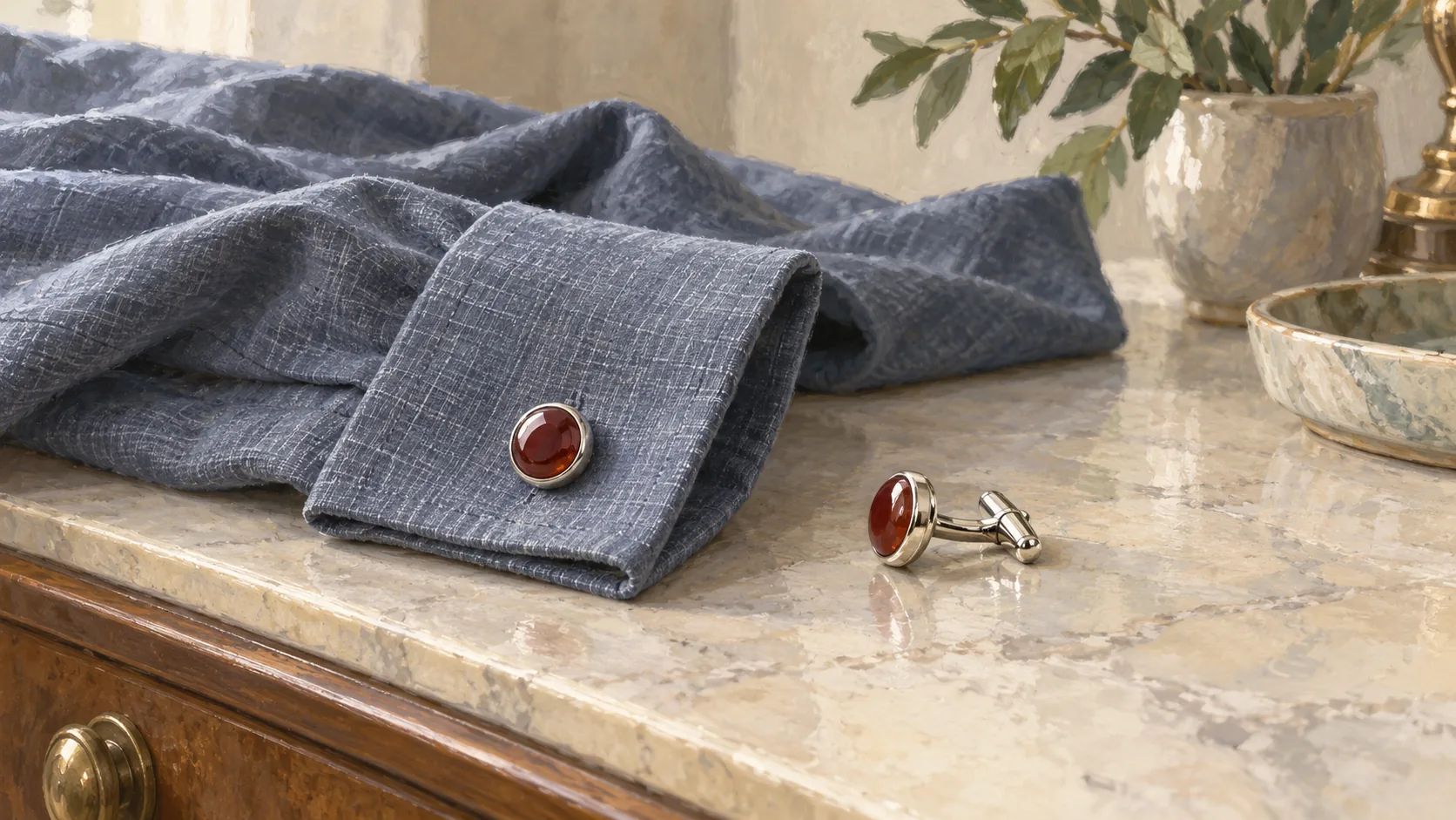 A fastened linen cuff beside a loose matching cufflink with its hinged bar open