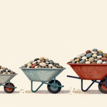 Three wheelbarrows beside three pebble heaps, the biggest heap next to the wide red barrow.