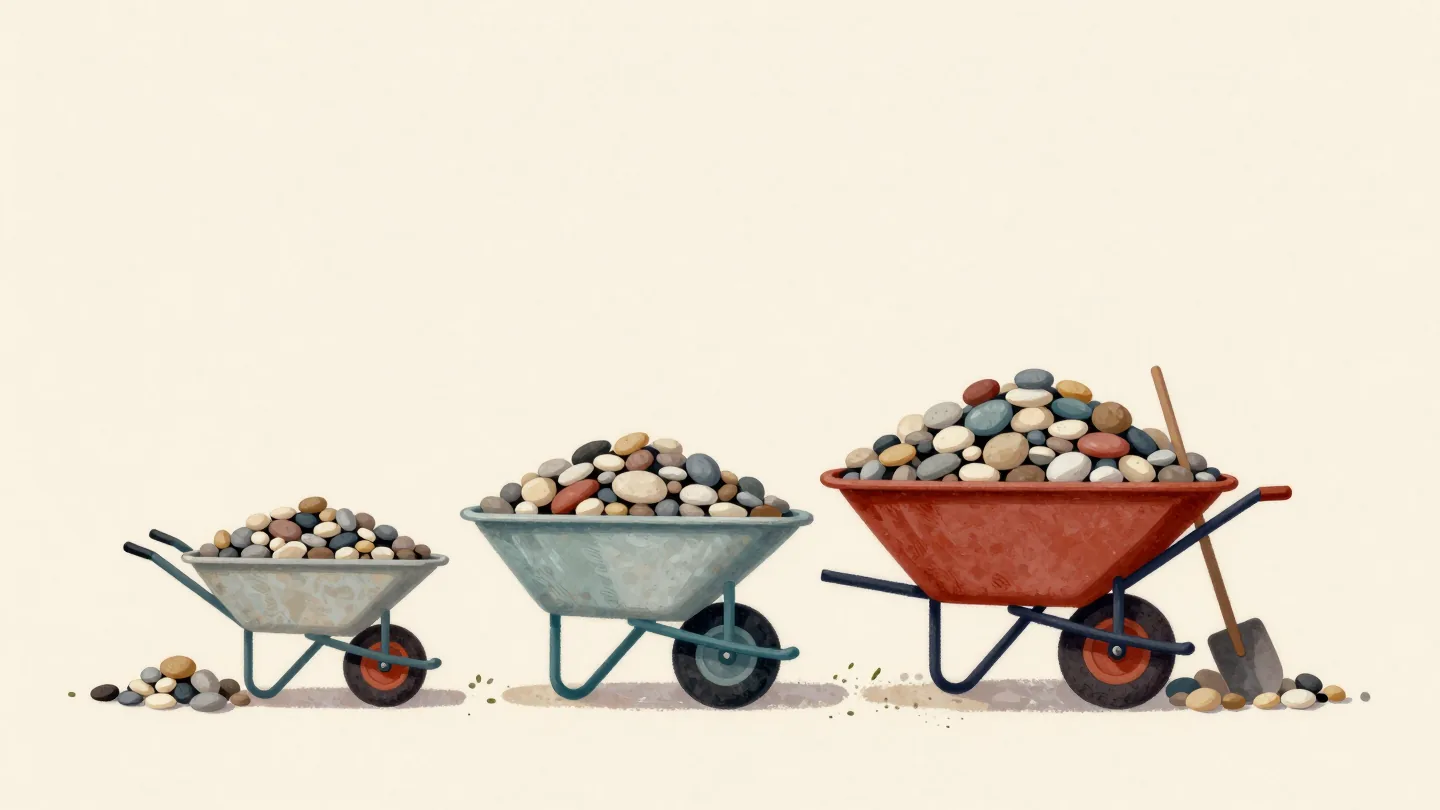 Three wheelbarrows beside three pebble heaps, the biggest heap next to the wide red barrow.