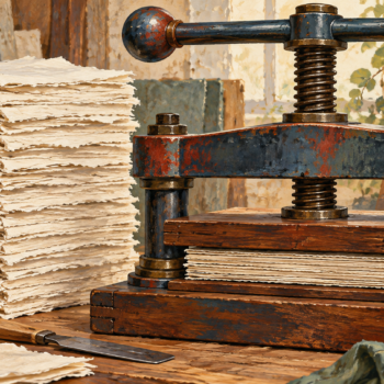 A bookbinder's press compares a thick paper stack with a compact one