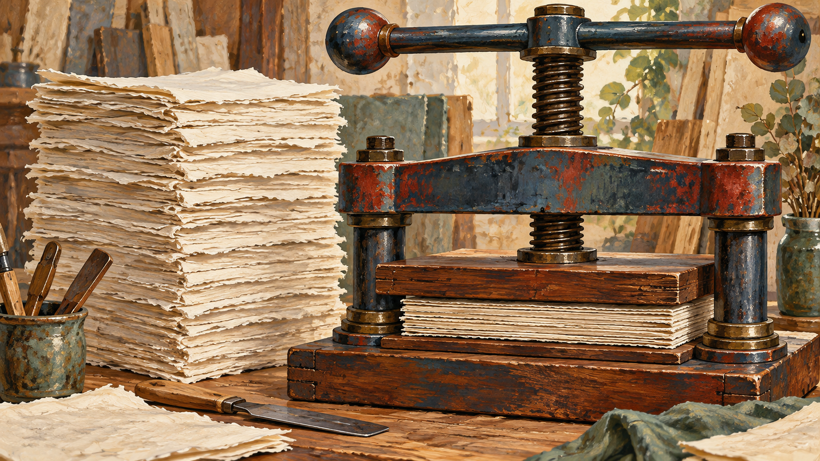 A bookbinder's press compares a thick paper stack with a compact one