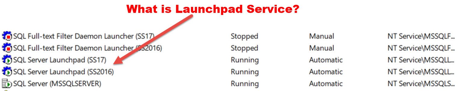 Windows Services list showing a SQL Server Launchpad service for each of two SQL Server instances