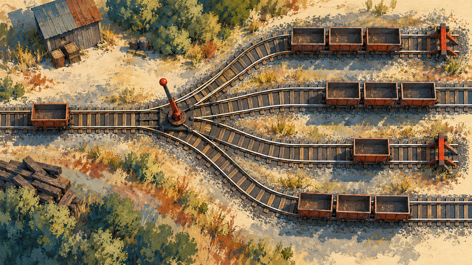 One railway route can split into parallel tracks, but the switch controls the route
