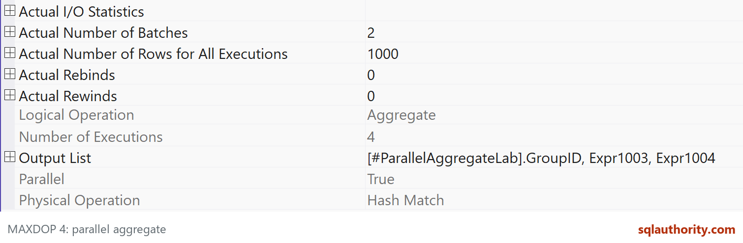 Actual Hash Match Aggregate properties show 1,000 rows, four executions and Parallel True for MAXDOP 4