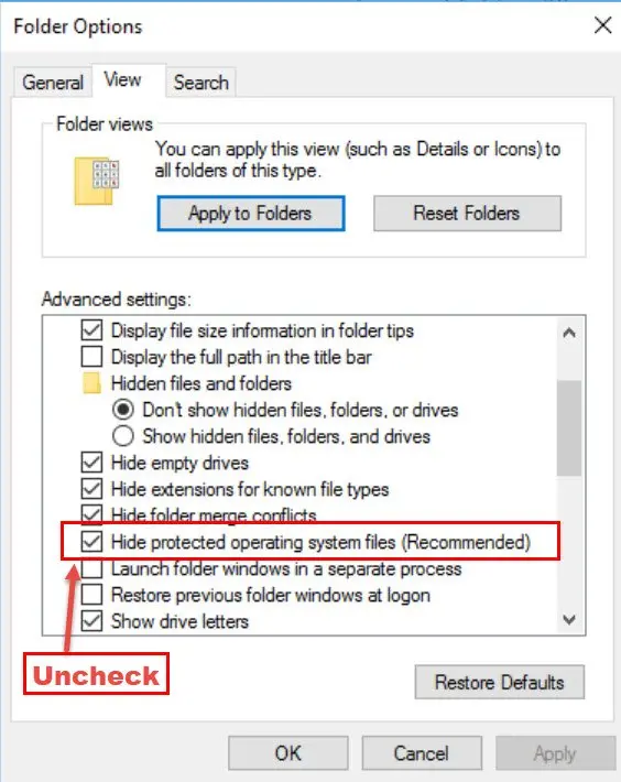 Uncheck 'Hide protected operating system files' checkbox.