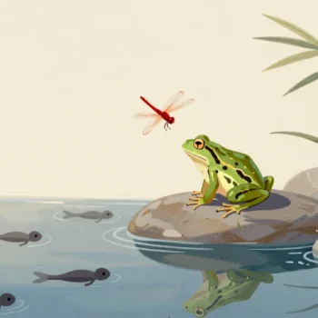 A frog on a stone at the edge of a pond with tadpoles in the water below, a red dragonfly above